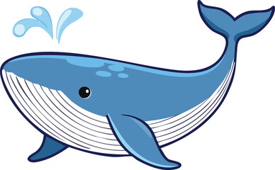 A blue cartoon whale with white markings sprays water from its blowhole.