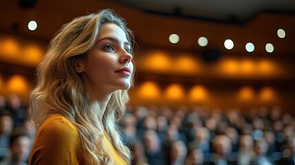 Woman Speaking Passionately at Conference Podium with Audience Listening Attentively in Modern Business Hall