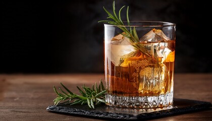 whiskey on the rocks with ice and rosemary garnish