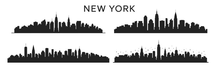 Silhouettes of New York City skyline featuring iconic skyscrapers and urban skyline variations, vector illustration. Includes night scene and famous landmarks.