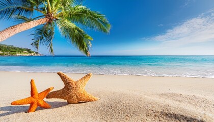 starfish and palm tree on the sandy tropical beach summer vacation panoramic banner with copy space