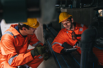 Two professional engineer male teamwork service maintenance, Worker industry water pipe tube system