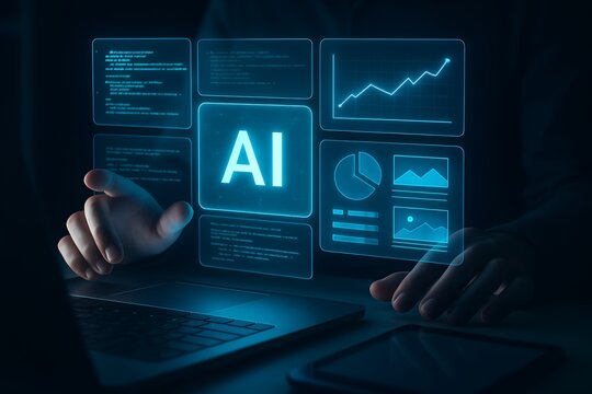 Person interacting with a futuristic holographic interface displaying ai and data analytics