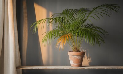 Obraz premium Potted Plant with Sunlight on Shelf Against Gray Wall