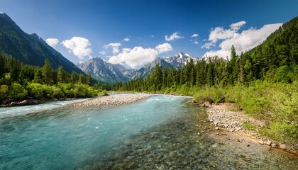 scenic river with mountains and trees beautiful outdoor landscape generative ai