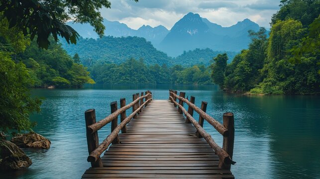 Wooden bridge over river with mountain view, scenic natural landscape for travel, hiking, adventure or calm theme
