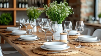 Wooden dining table set with plates and cutlery, preparing for meal gathering