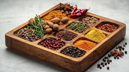 Wooden tray with assorted spices flatlay, culinary food ingredients display for cooking concept or product mockup