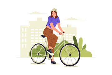 Flat Illustration of a Woman Riding Bicycle in Urban Park. Illustrations for websites, landing pages, mobile apps, posters and banners