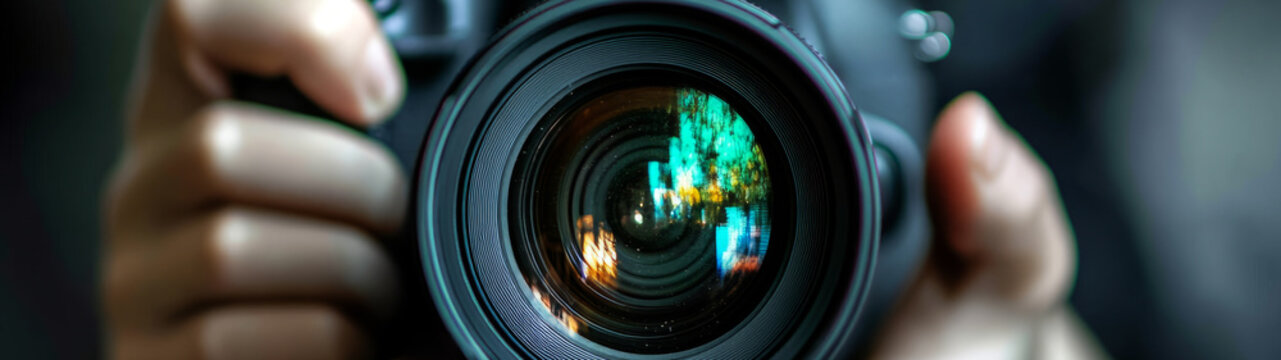 Fototapeta Close-up of hands holding a camera lens with a reflection on the glass.