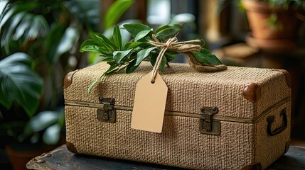 Woven suitcase with kraft tag flatlay, travel concept with natural materials, vintage style and eco-friendly focus