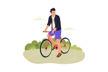 Flat Illustration of Man Riding Bicycle on Park Trail. Illustrations for websites, landing pages, mobile apps, posters and banners