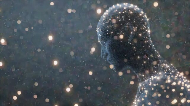 Abstract Digital Representation of Human Head Composed of Glowing Particles in Profile View