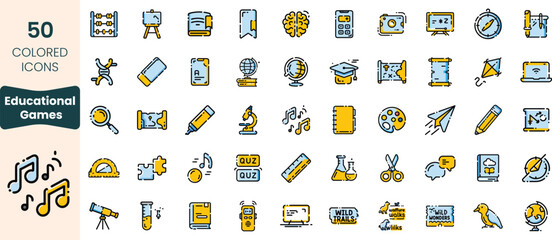 Collection of 50 educational game icons, featuring various subjects and activities perfect for enhancing learning and engagement.