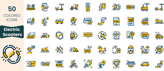 A collection of 50 colorful icons representing electric scooters, showcasing various features, functionalities, and transportation concepts in a playful and modern design.