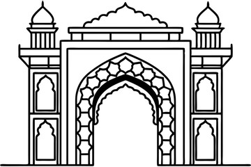 Ornate Black and White Mughal Archway Gateway Illustration, Architectural Design Element