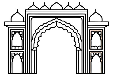 Fototapeta premium Elegant Black and White Line Art Illustration of an Ornate Indian Archway Gateway.