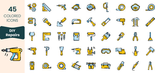 A collection of 45 colorful DIY repair icons, featuring tools like hammers, wrenches, and paint cans, perfect for home improvement projects.