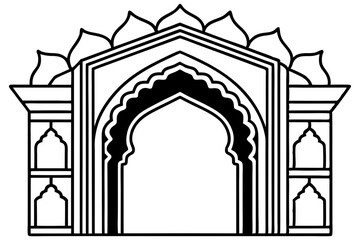 Ornate Black and White Mughal Archway; Intricate Line Art; Architectural Design Element; Elegant, Symmetrical, and Serene Mood.