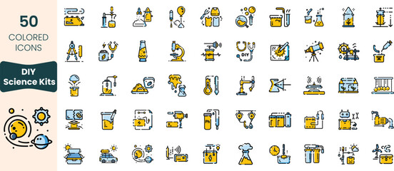 Collection of 50 colored icons representing DIY science kits, featuring elements like beakers, microscopes, and experiments, perfect for educational projects.