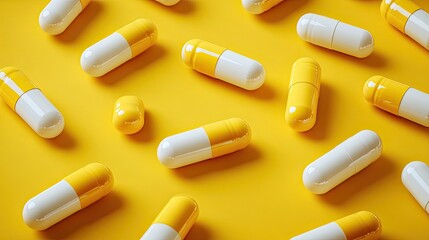 Yellow and White Capsules Arranged on Bright Yellow Background with Soft Shadows for Pharmaceutical Product Presentation