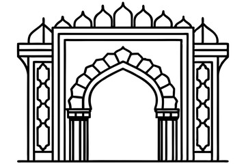 Elegant Black and White Line Art: Ornate Islamic Archway Gateway Design