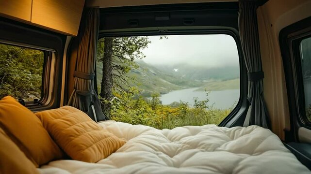 Cozy van interior with a stunning view of nature in the early morning