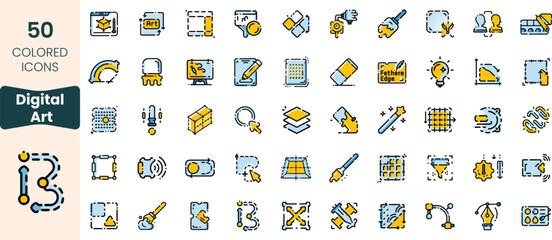 Collection of 50 colored icons representing various aspects of digital art, showcasing tools and creative elements in a playful, modern style.