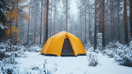 Yellow tent in snowy forest surrounded by trees and winter atmosphere for camping concept