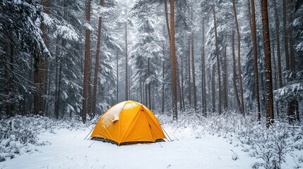 Yellow tent in snowy forest surrounded by trees and winter atmosphere for camping concept