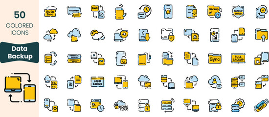 Collection of data backup icons featuring cloud storage, synchronization, and security themes suitable for tech-related projects.