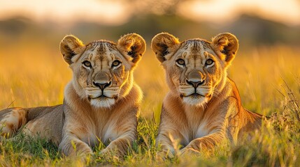Young Lion Couple Relaxing in Kenya Savannah with Focus on Faces and Calm Expressions in Warm Sunlight
