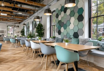 A modern co-working space with high ceilings, large windows and green accents, featuring stylish desks and chairs arranged in an open layout