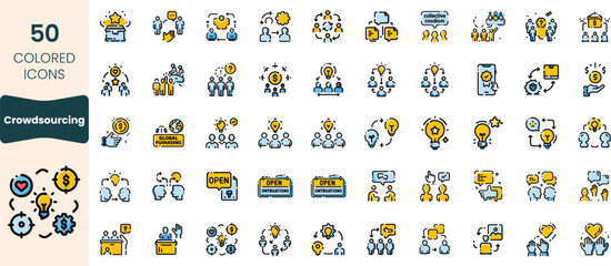 A colorful collection of 50 icons representing crowdsourcing concepts, featuring diverse symbols for collaboration, innovation, and community engagement in a modern design.
