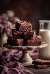 Deliciously Rich Chocolate Brownies Stacked on a Rustic Cake Stand with Milk and Elegant Background in a Warm, Inviting Setting