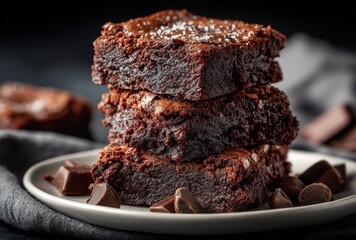 Deliciously Rich Chocolate Brownies Stacked on a Plate with Dark Chocolate Chunks and a Sprinkle of Sea Salt against a Dark Background