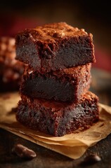 Deliciously Rich Chocolate Brownies Stacked on Parchment Paper with Dark Chocolate Chips in a Warm Rustic Setting for Dessert Lovers