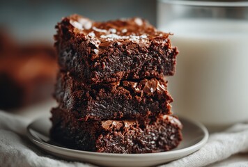 Deliciously Rich Chocolate Brownies Stacked on Plate Next to Glass of Cold Milk Perfect for Indulgent Desserts and Satisfying Sweet Cravings