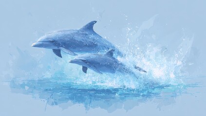 Fototapeta premium Two dolphins leap from calm, blue water, creating splashing watercolor-like effect