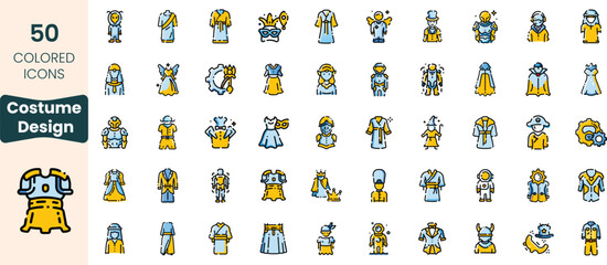 Collection of 50 colored costume design icons, showcasing various outfits and accessories in playful styles. Perfect for creative projects and design inspiration.