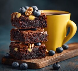 Deliciously Rich Chocolate Brownies Stacked with Blueberries and Walnuts Next to a Cozy Yellow Coffee Mug on a Wooden Table