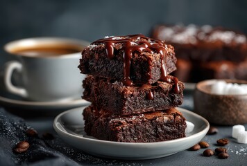 Deliciously Rich Chocolate Brownies Stacked with Warm Chocolate Drizzle and Coffee Cup on Dark Background for Dessert or Bakery Concepts