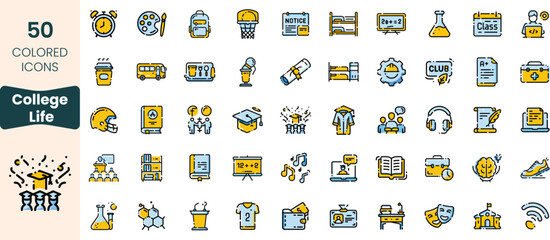 Collection of 50 colorful icons representing various aspects of college life, including sports, study materials, and social activities.