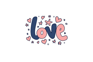 Pink and Blue Love Lettering with Hearts and Stars romantic transparent background