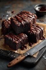 Deliciously Rich Chocolate Brownies Topped with Melted Chocolate Drizzle on Rustic Wooden Board