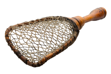 Fishing net with wooden handle isolated on white background