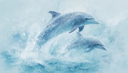 Fototapeta premium Two dolphins leap gracefully from ocean waves, their sleek bodies arcing through the air amidst a spray of water