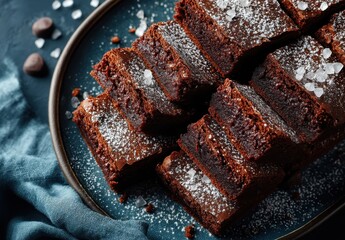 Deliciously Rich Chocolate Brownies Topped with Sea Salt and Dusting of Powdered Sugar on Dark Blue Plate with Soft Fabric Background