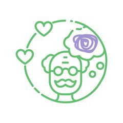 Alzheimer’s disease care icon — minimal vector line illustration with elderly and scribble thoughts