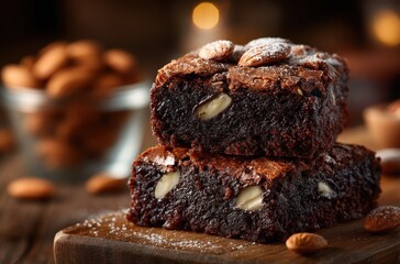 Deliciously Rich Chocolate Brownies with Almonds on Wooden Cutting Board, Close-Up View of Decadent Dessert with Nuts and Dusting of Powdered Sugar